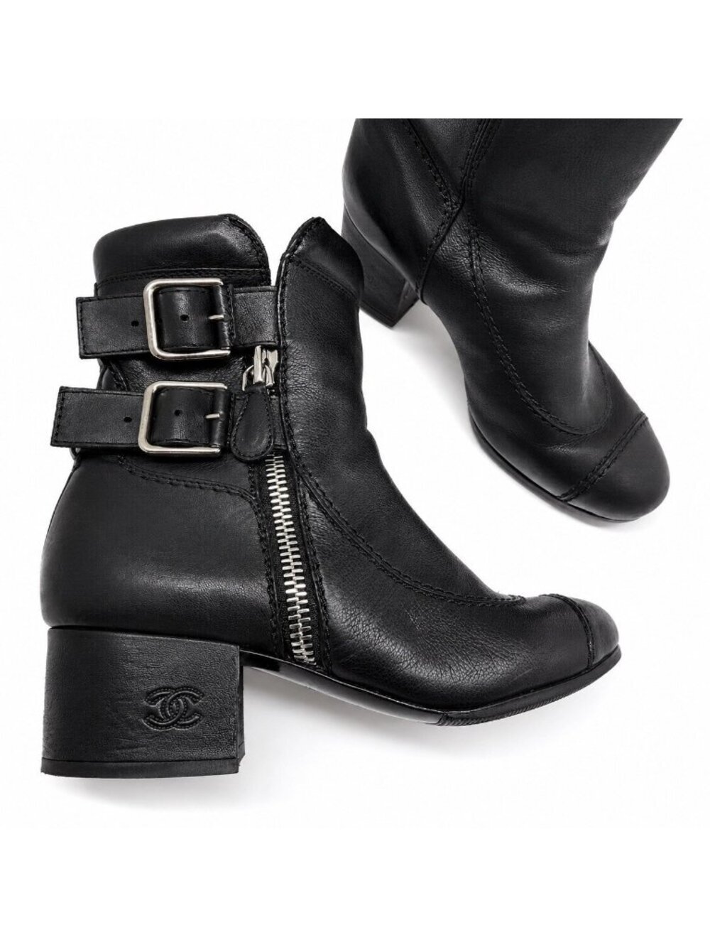 CHANEL Black Calfskin Ankle Boots 36.5 Moto Biker Double Buckle Zip Winter Punk